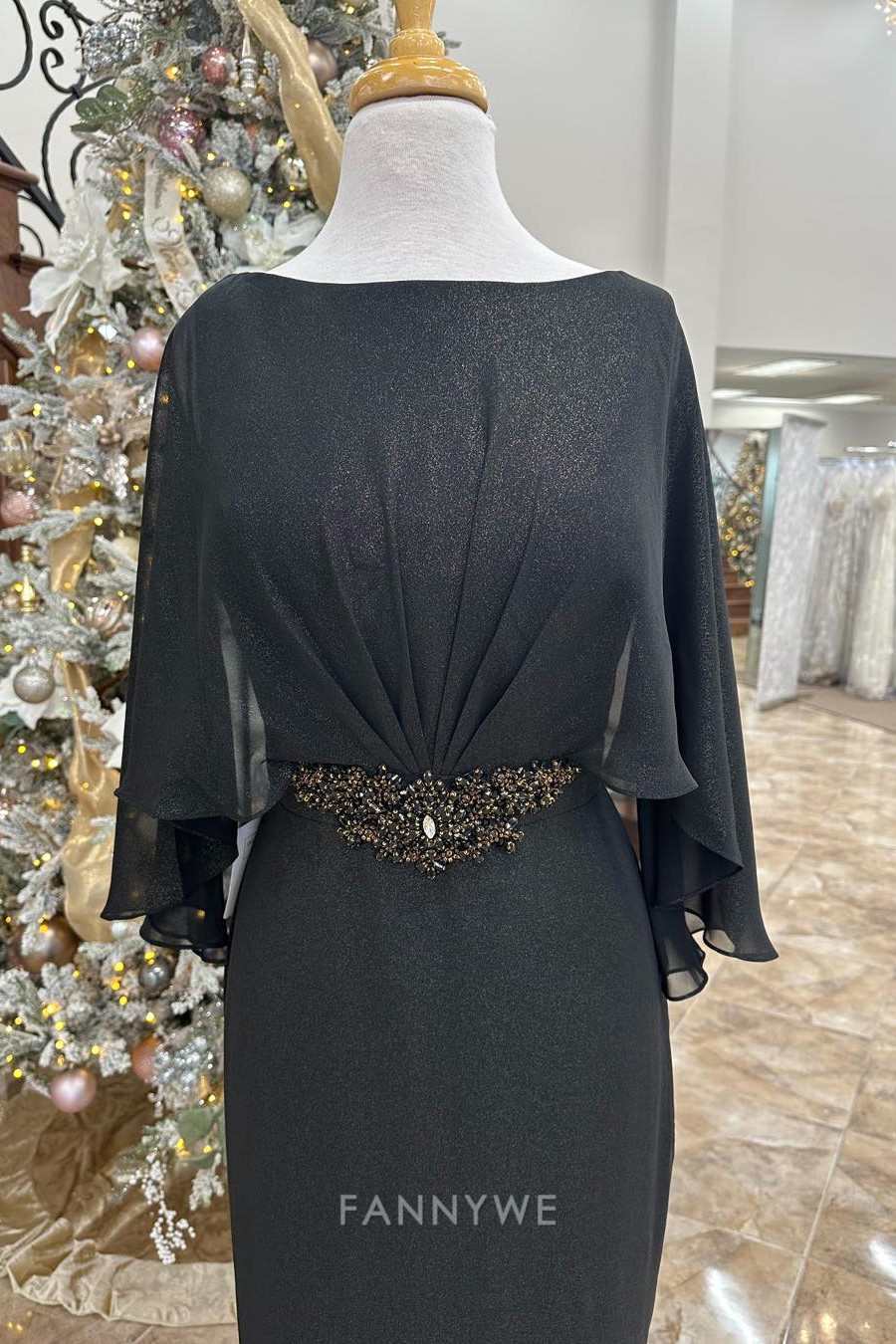 Elegant Women's Cape Sleeve Embellished Waist Maxi Dress Mother of the Bride Dress