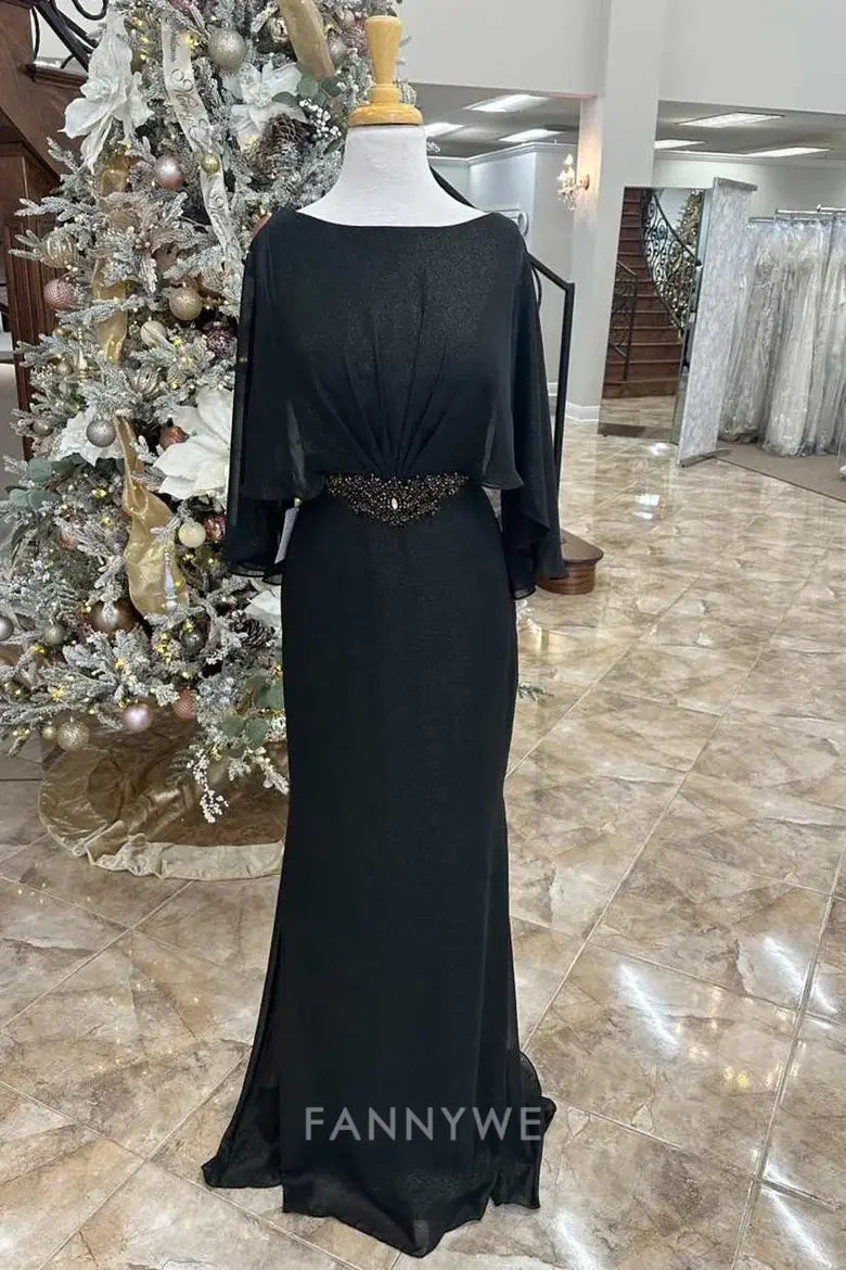 Elegant Women's Cape Sleeve Embellished Waist Maxi Dress Mother of the Bride Dress