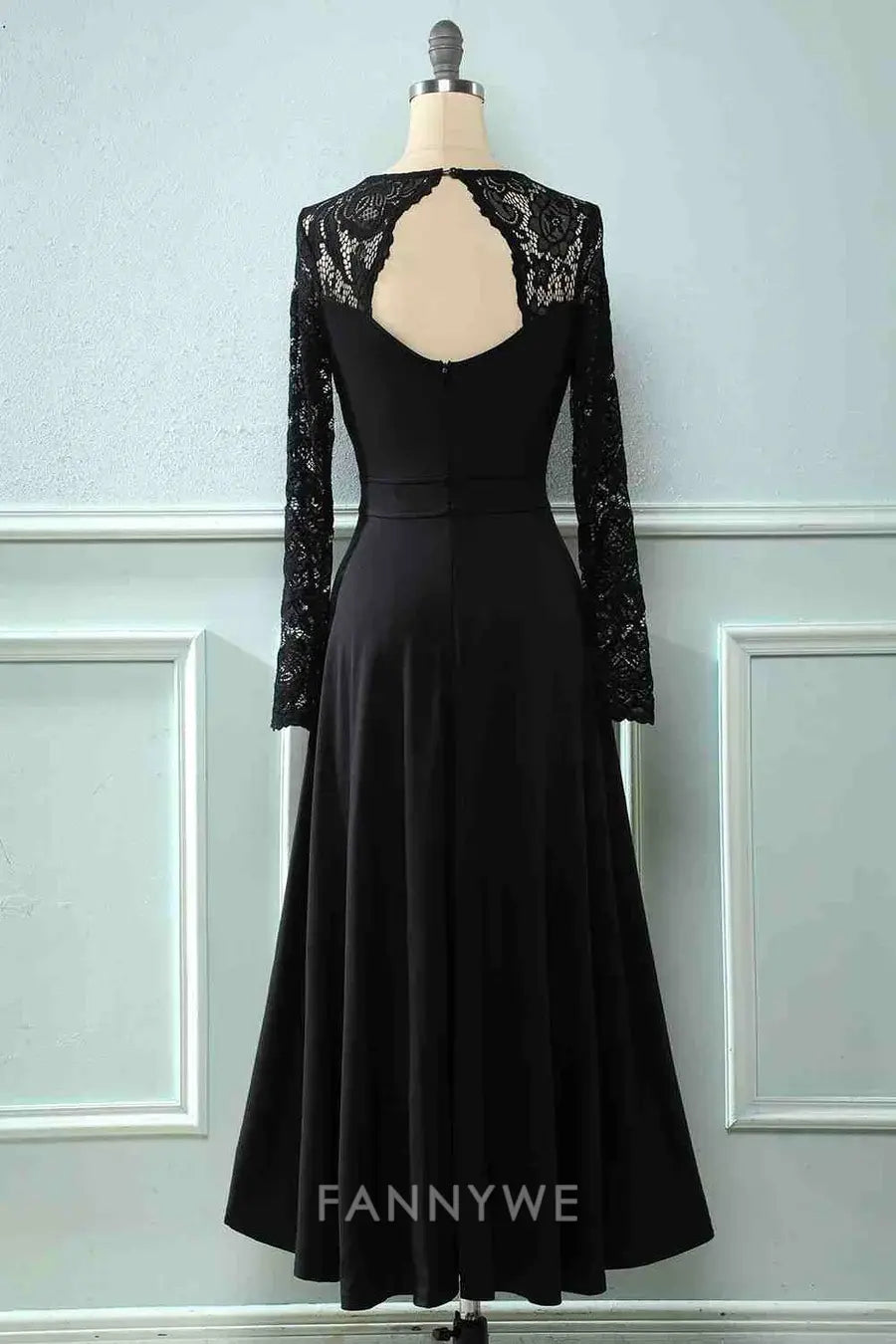 Elegant Women's Lace Long Sleeve V - Neck Asymmetrical Midi Dress Mother of the Bride Dress