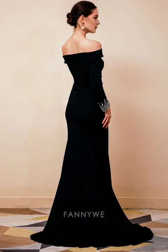 Elegant Women's Off - Shoulder Long Sleeve Maxi Dress with Side Slit and Embellished Cuffs Mother of the Bride Dress