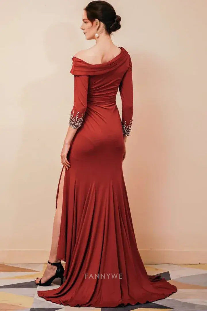 Elegant Women's Off - Shoulder Long Sleeve Maxi Dress with Side Slit and Embellished Cuffs Mother of the Bride Dress