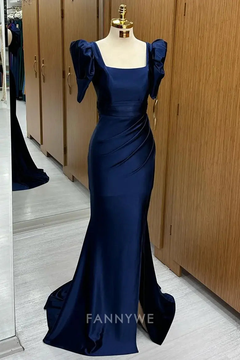 Elegant Women's Square Neck Puff Sleeve Satin Mermaid Maxi Dress Mother of the Bride Dress