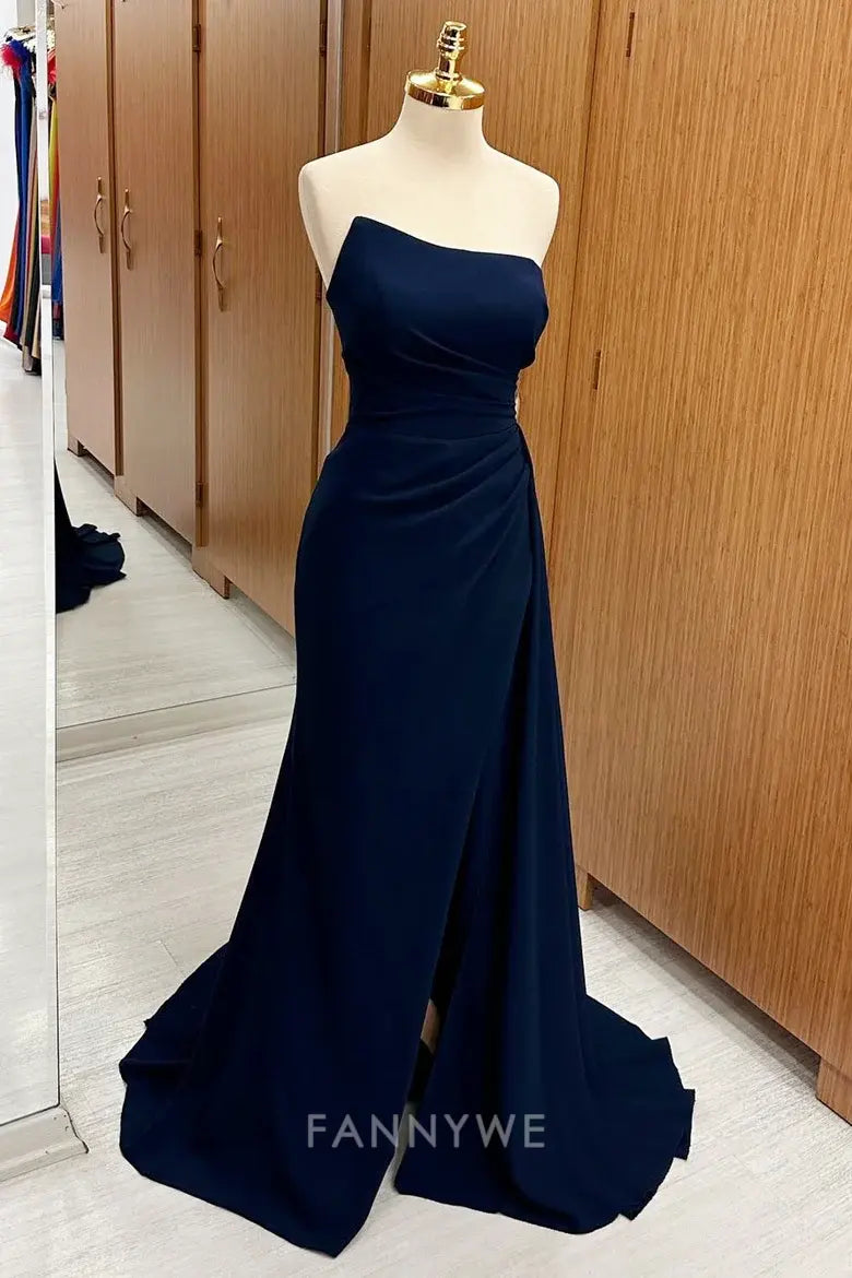Elegant Women's Strapless Ruched Sweep/Brush Train Maxi Dress with Side Slit Mother of the Bride Dress