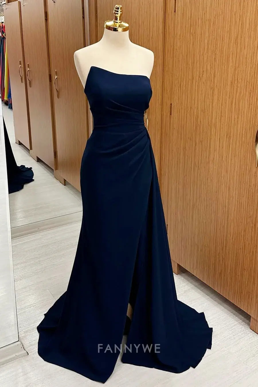Elegant Women's Strapless Ruched Sweep/Brush Train Maxi Dress with Side Slit Mother of the Bride Dress