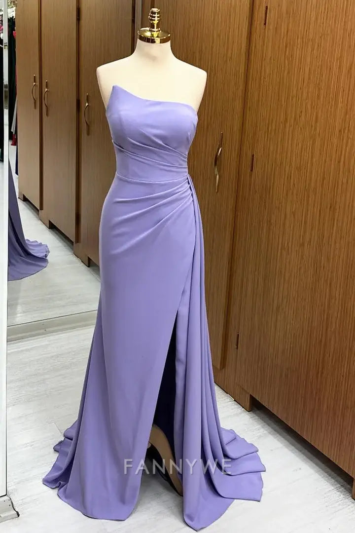 Elegant Women's Strapless Ruched Sweep/Brush Train Maxi Dress with Side Slit Mother of the Bride Dress