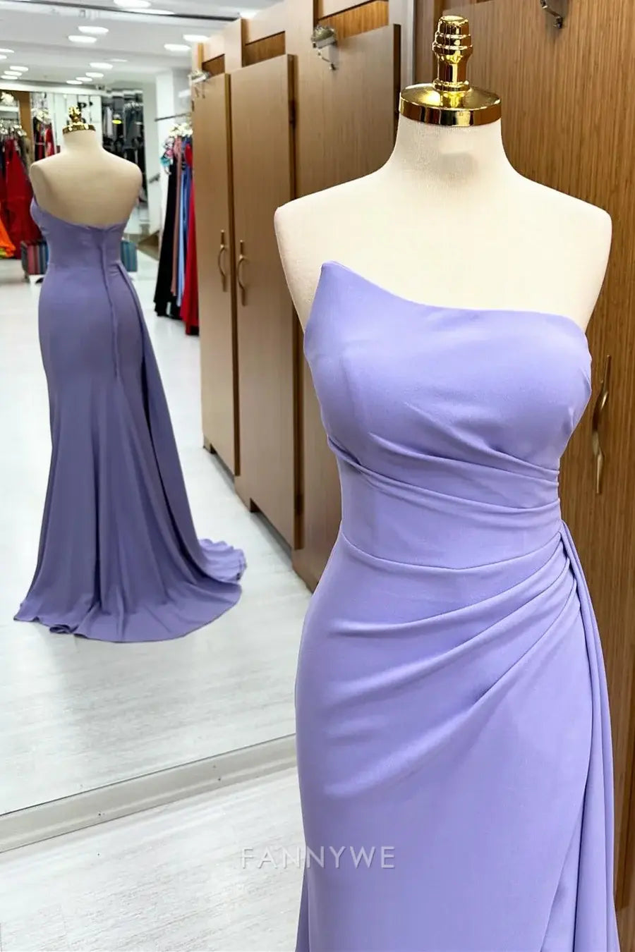 Elegant Women's Strapless Ruched Sweep/Brush Train Maxi Dress with Side Slit Mother of the Bride Dress
