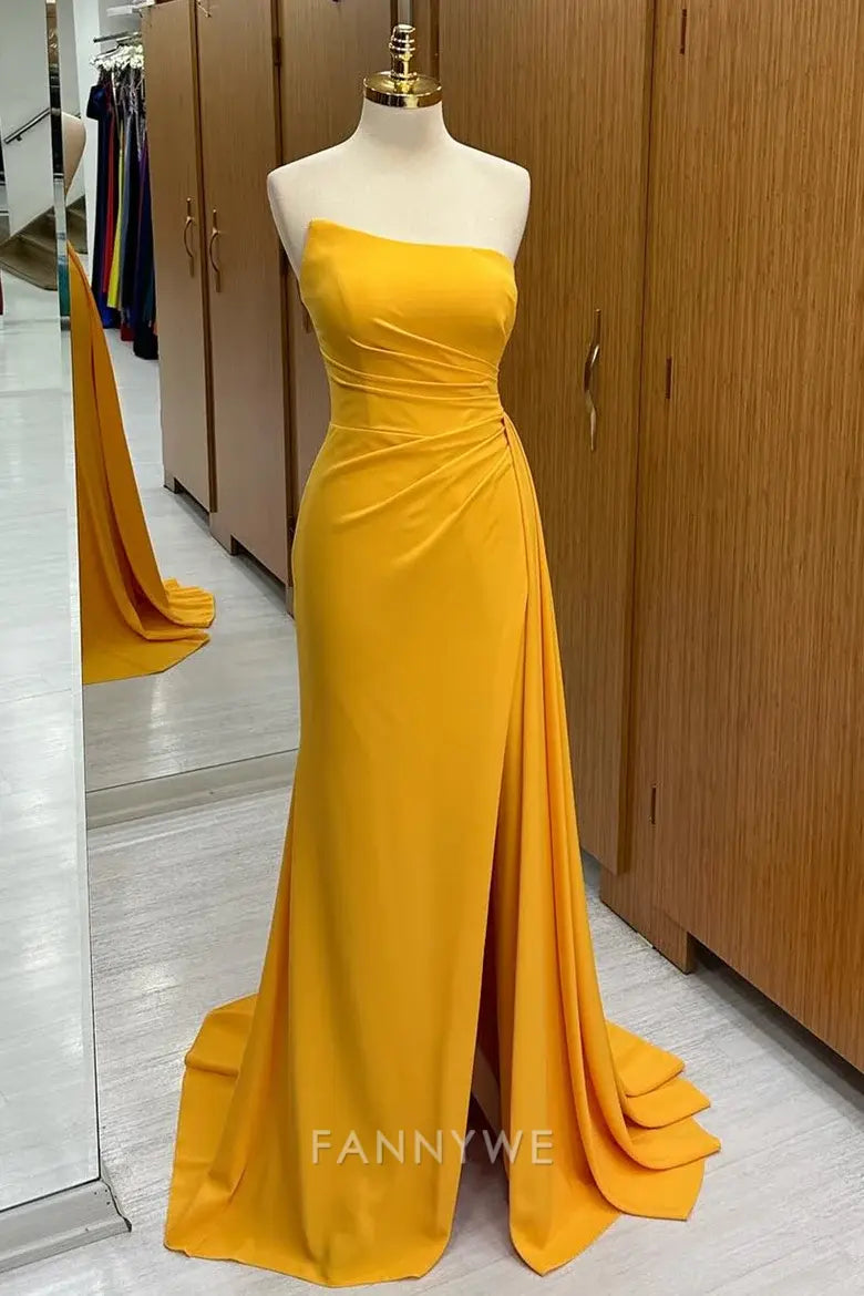 Elegant Women's Strapless Ruched Sweep/Brush Train Maxi Dress with Side Slit Mother of the Bride Dress