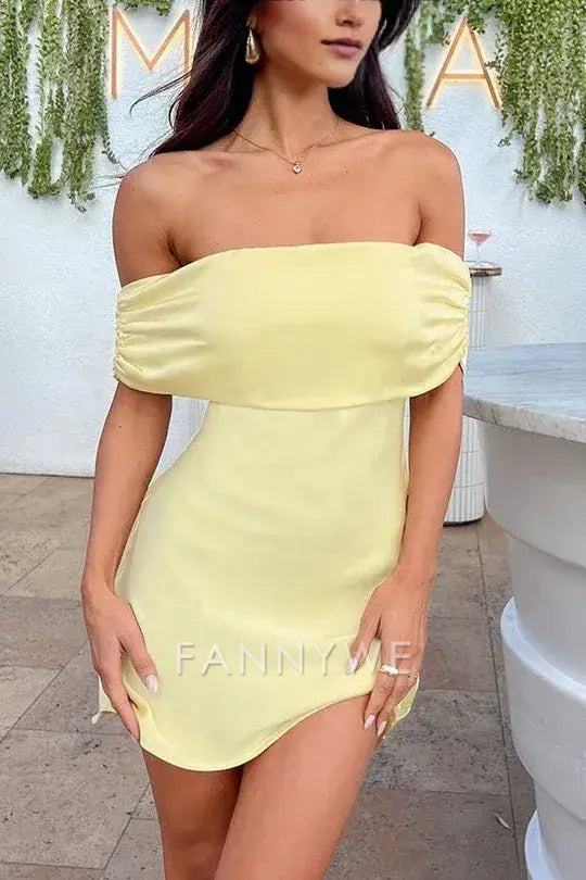 FannyWe Simple Elegant Yellow Off-Shoulder Satin Short Homecoming Cocktail Party Dress formal wear dresses
