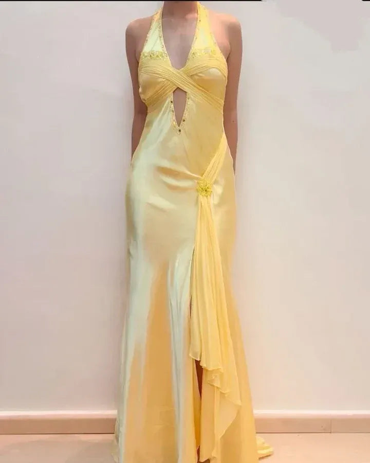 Elegant Yellow Satin V-neck Cross Strap Cutout High Slit Mermaid Evening Dresses