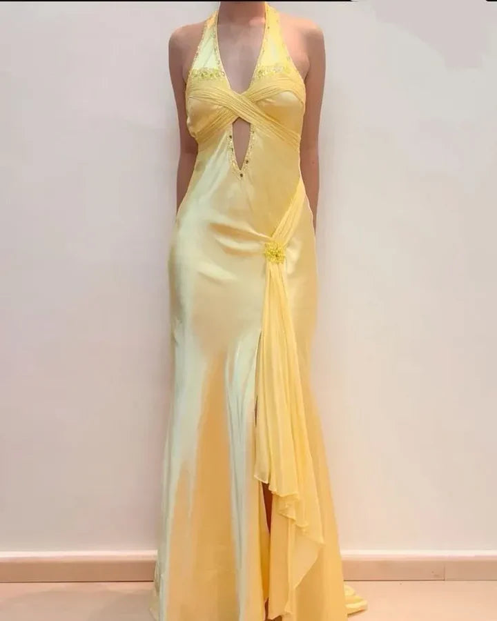 Elegant Yellow Satin V-neck Cross Strap Cutout High Slit Mermaid Evening Dresses