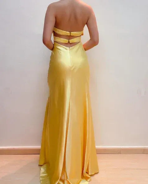 Elegant Yellow Satin V-neck Cross Strap Cutout High Slit Mermaid Evening Dresses