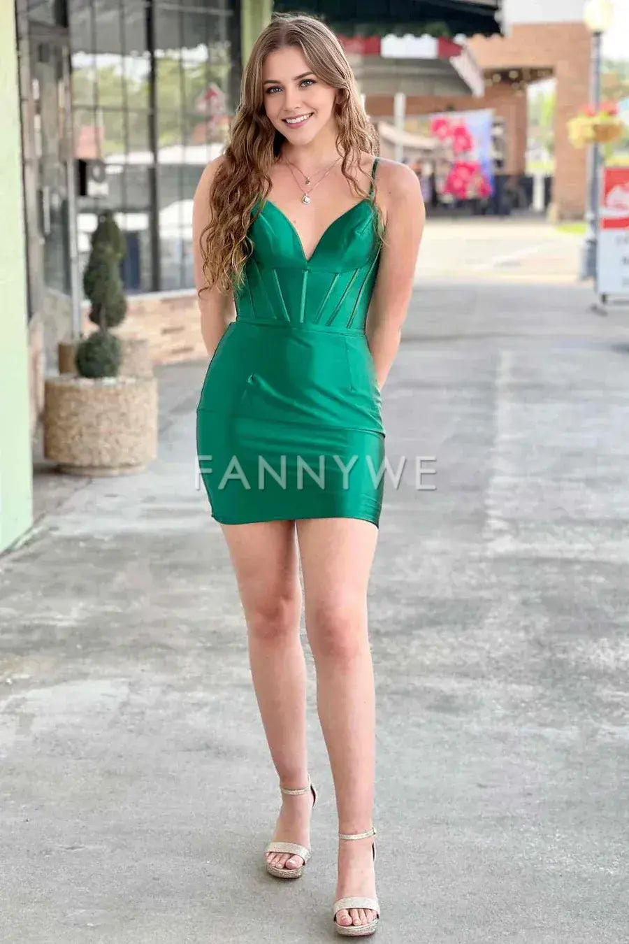FannyWe Simple Emerald Green V-Neck Satin Bodycon Homecoming Dress formal wear dresses