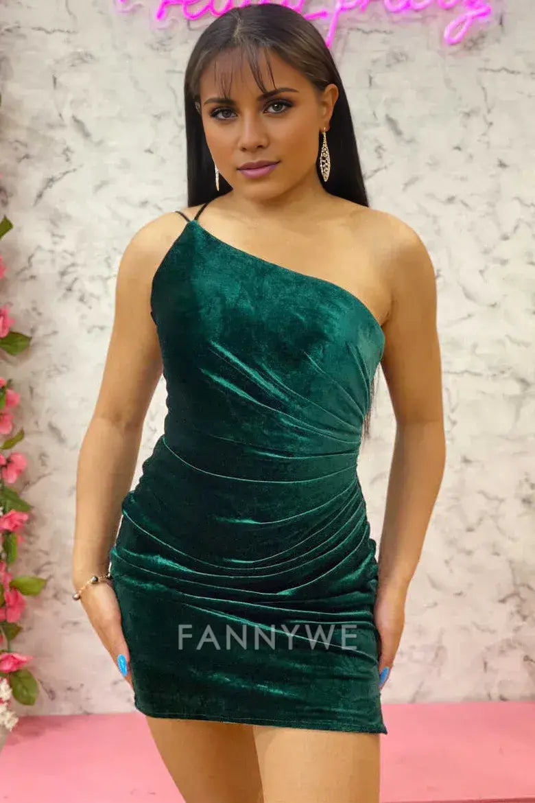 FannyWe Elegant Emerald One-Shoulder Ruched Homecoming Dress formal wear dresses