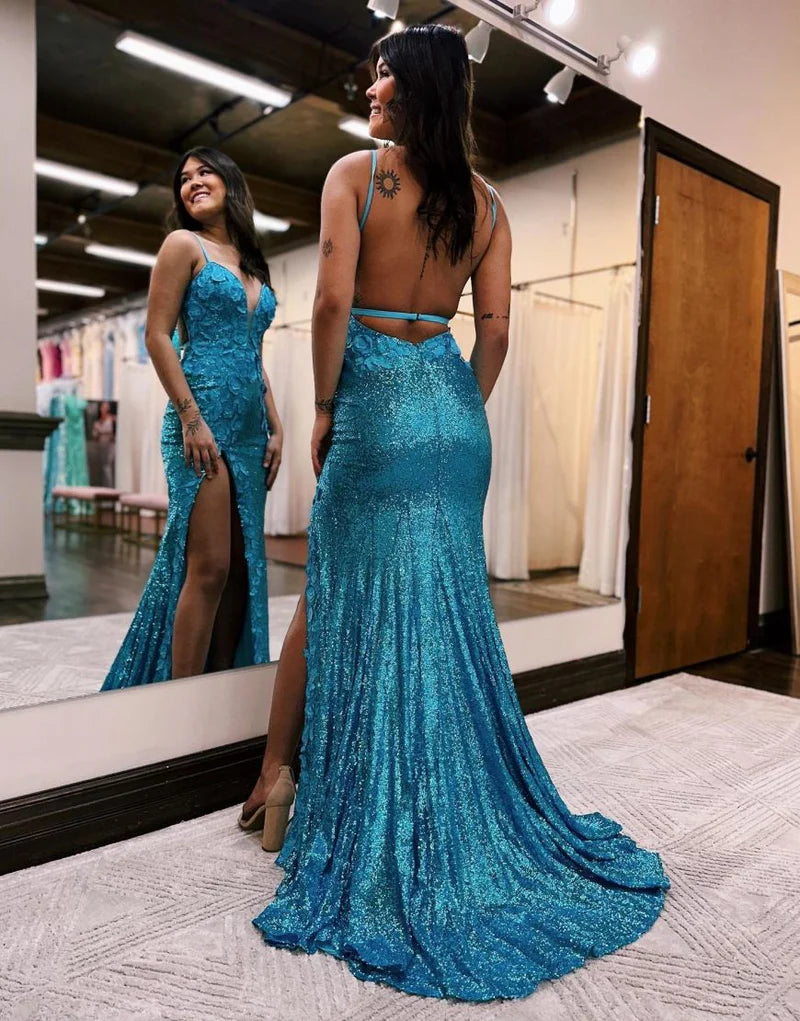 Vestido de fiesta de sirena con lentejuelas y escote en V y abertura