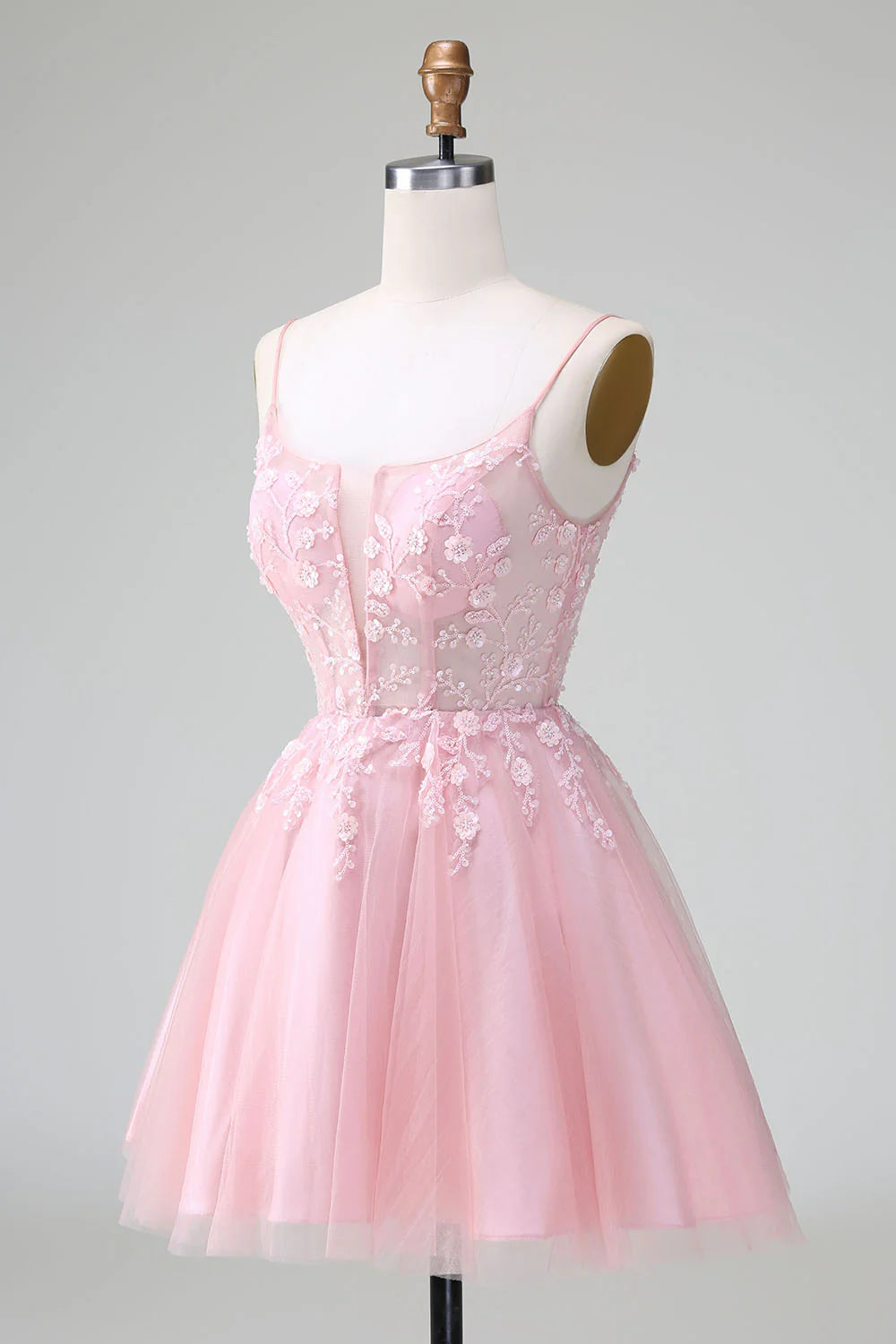 A Line Princess Spaghetti Straps Tulle Short Homecoming Dress with Appliques