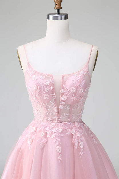 A Line Princess Spaghetti Straps Tulle Short Homecoming Dress with Appliques