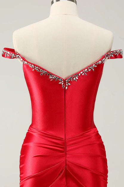 Glitter Beaded Off the Shoulder Satin Tight Homecoming Dress