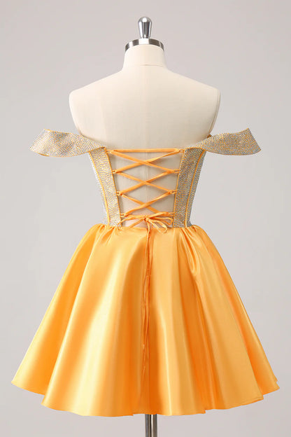 A-Line Sparkly Off the Shoulder Beaded Satin Homecoming Dress