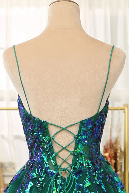 A-Line Glitter Tulle Spaghetti Straps Long Prom Dress With Sequin