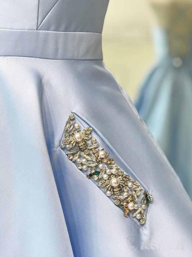 Simple V Neck Satin Long Prom Dresses