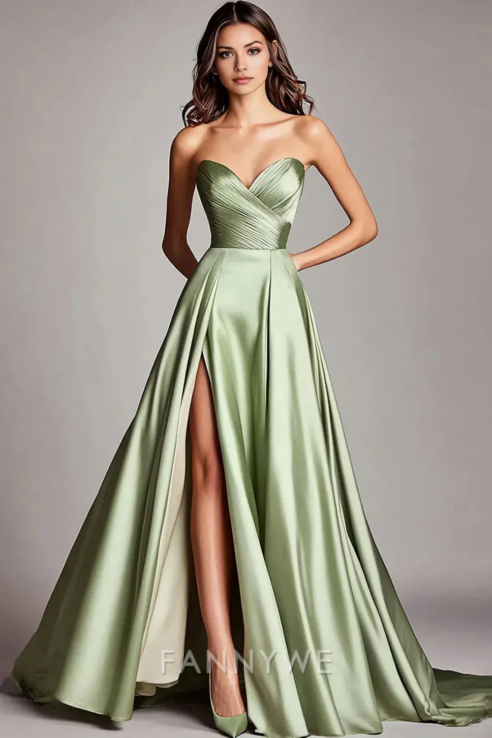 FannyWe Elegant A Line Dusty Sage Sweetheart Ruched Long Prom Dress with Slit formal wear dresses