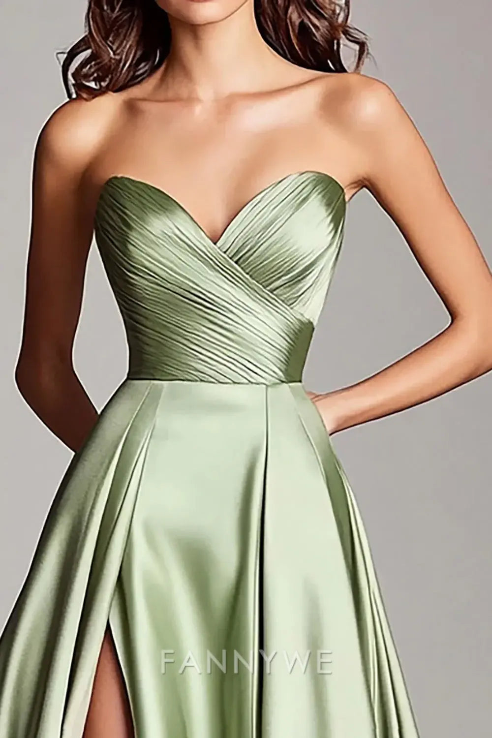 FannyWe Elegant A Line Dusty Sage Sweetheart Ruched Long Prom Dress with Slit formal wear dresses