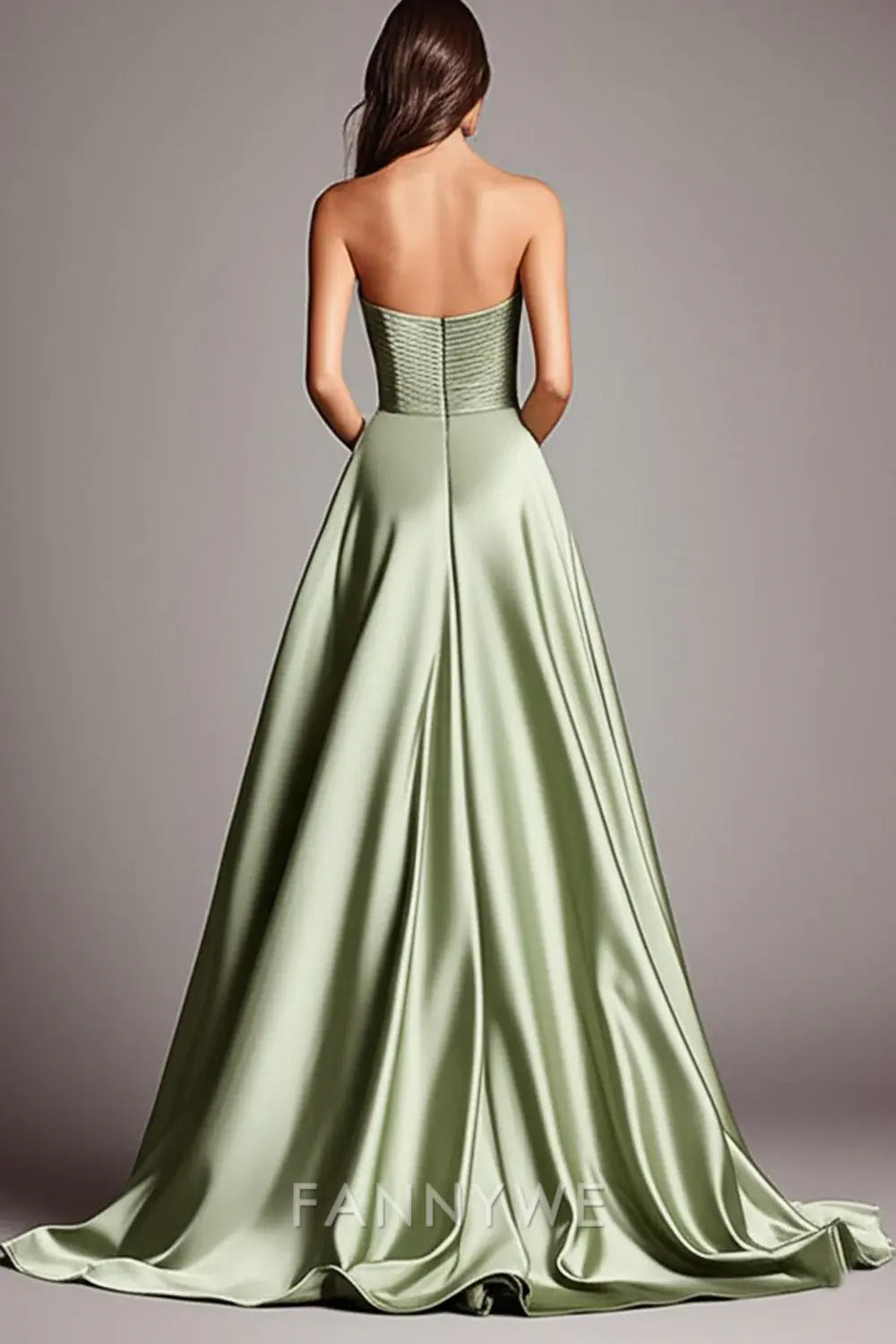 FannyWe Elegant A Line Dusty Sage Sweetheart Ruched Long Prom Dress with Slit formal wear dresses