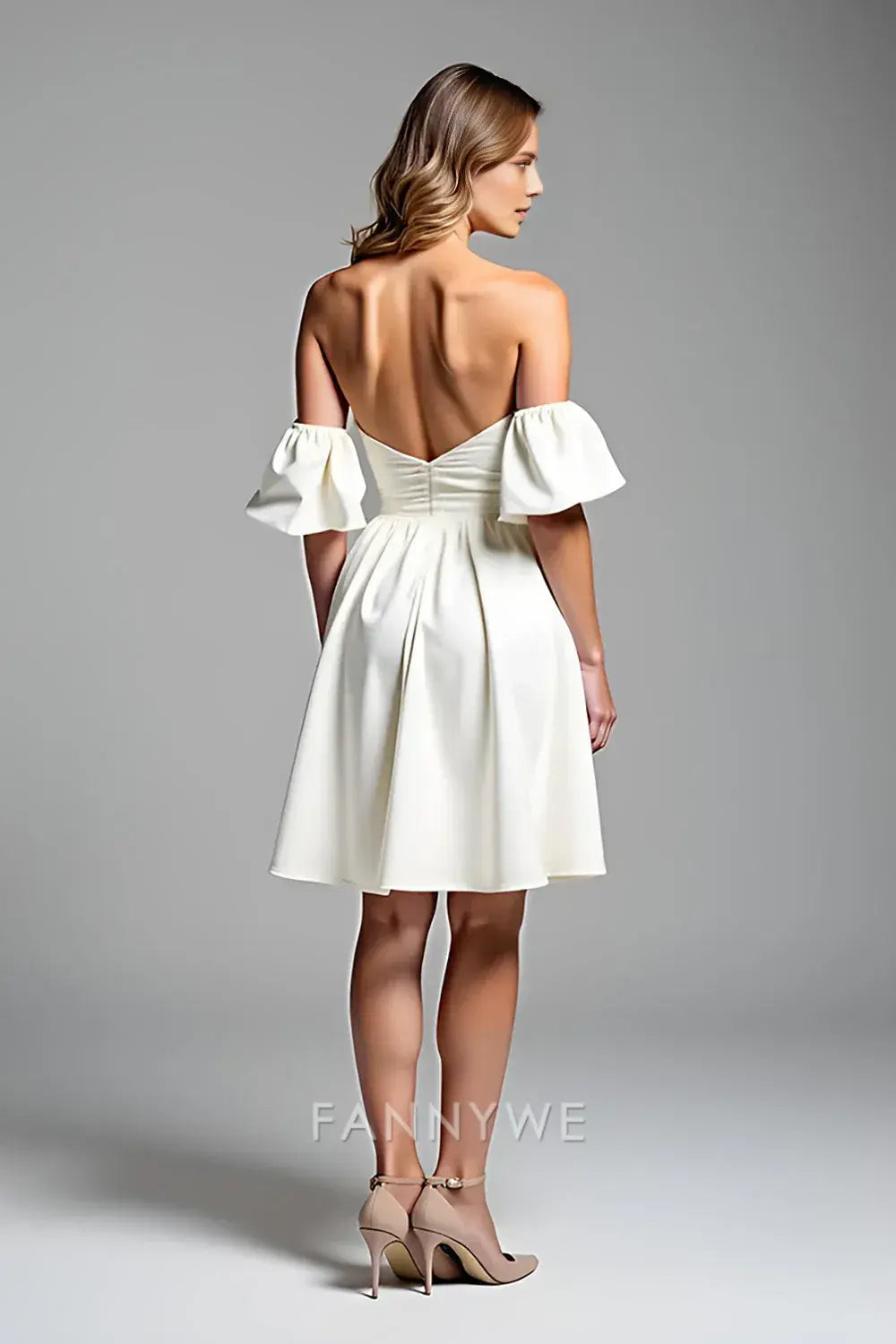 FannyWe Elegant A Line Off the Shoulder White Satin Short Graduation Dress