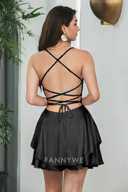 FannyWe Elegant A Line Spaghetti Straps Lace-Up Back Little Black Dress formal wear dresses