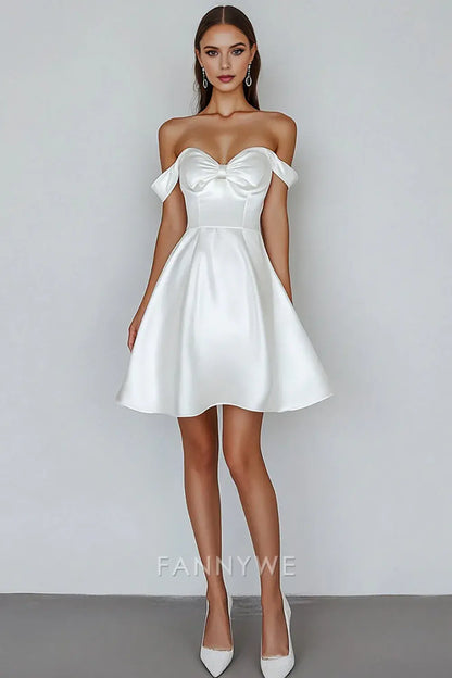FannyWe Elegant A Line White Satin Off the Shoulder Short Graduation Dress