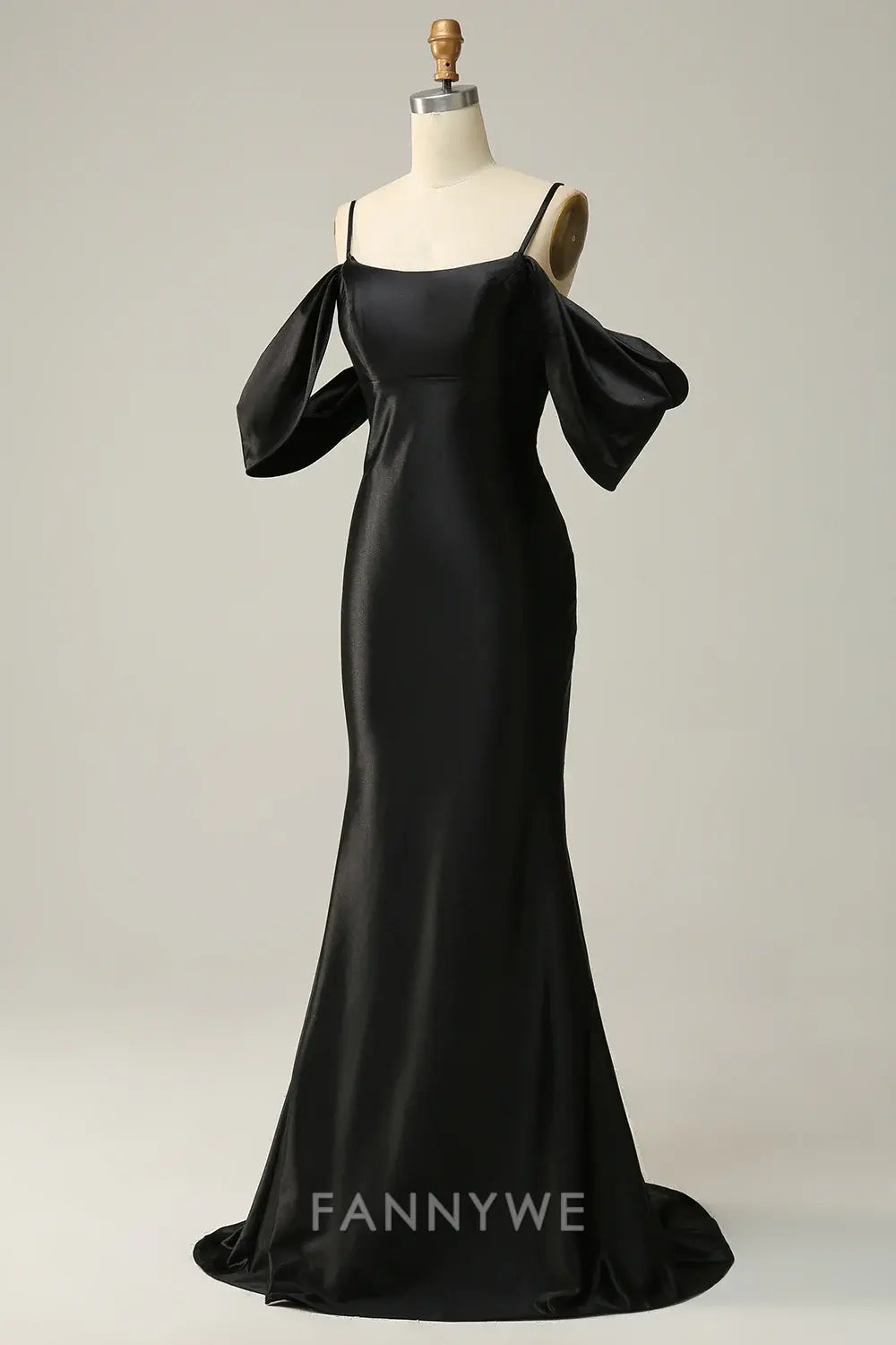 FannyWe Elegant Black Cold Shoulder Mermaid Satin Prom Dress formal wear dresses