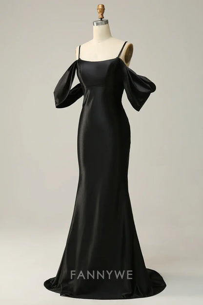 FannyWe Elegant Black Cold Shoulder Mermaid Satin Prom Dress formal wear dresses