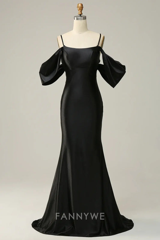 FannyWe Elegant Black Cold Shoulder Mermaid Satin Prom Dress formal wear dresses