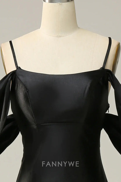 FannyWe Elegant Black Cold Shoulder Mermaid Satin Prom Dress formal wear dresses