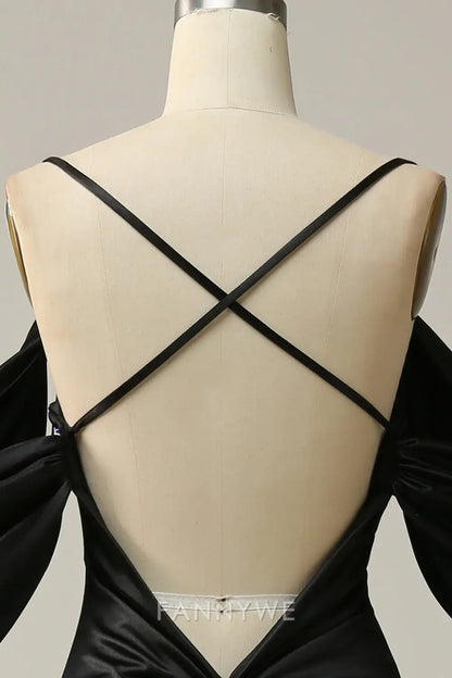 FannyWe Elegant Black Cold Shoulder Mermaid Satin Prom Dress formal wear dresses