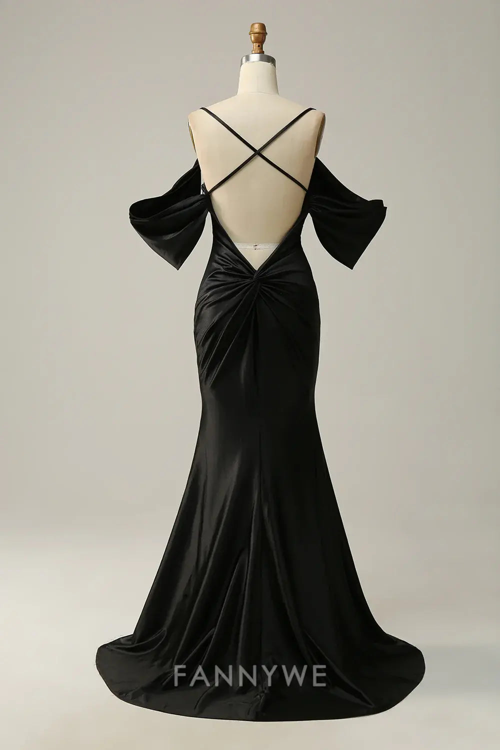 FannyWe Elegant Black Cold Shoulder Mermaid Satin Prom Dress formal wear dresses