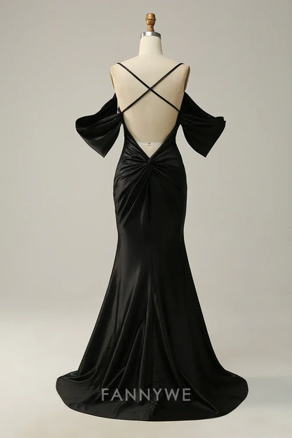 FannyWe Elegant Black Cold Shoulder Mermaid Satin Prom Dress formal wear dresses