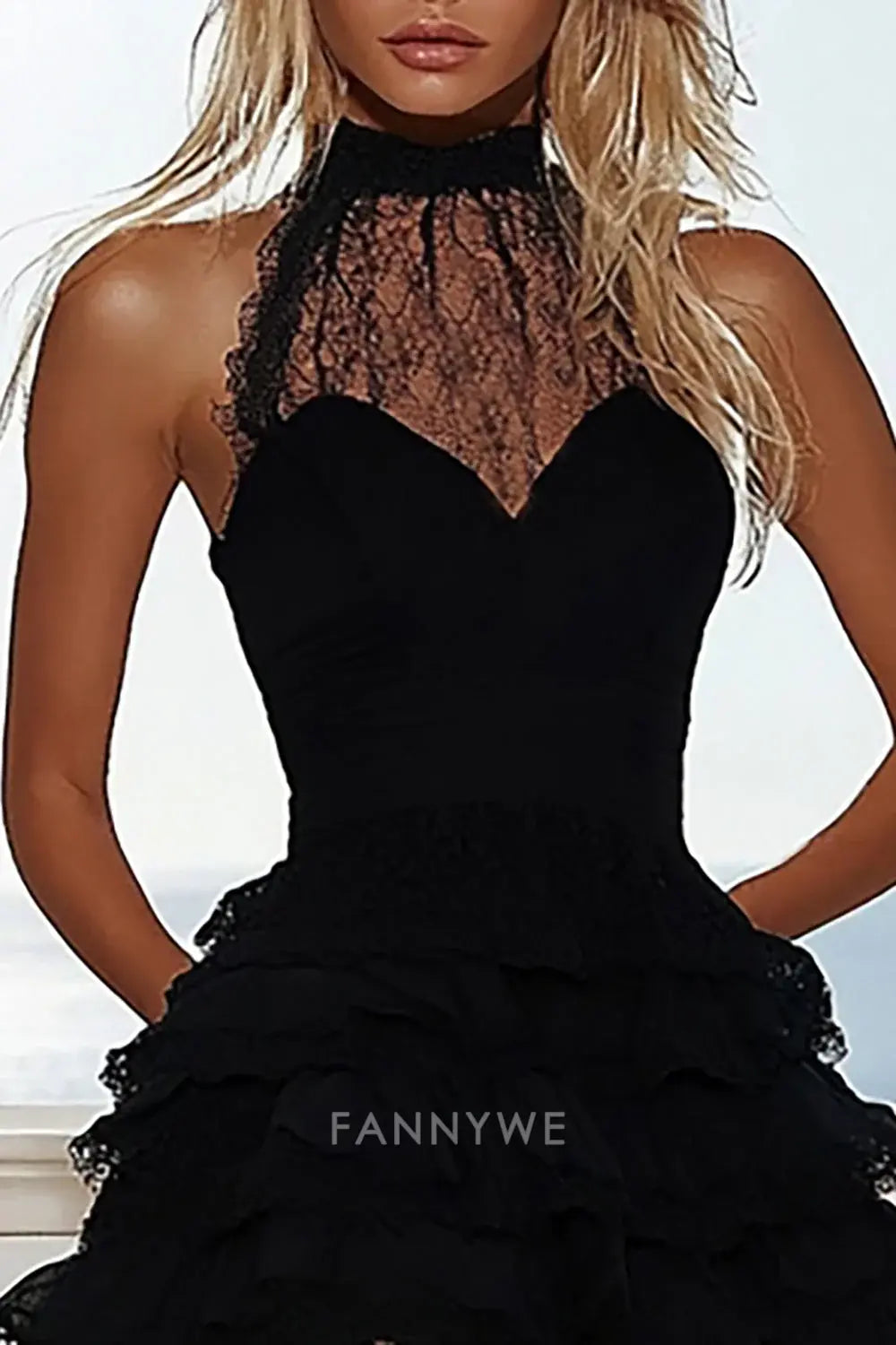 FannyWe - Elegante vestido de cóctel de fiesta con escote en A, de encaje negro y corte en A, corto y escalonado, gran oferta 