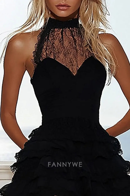 FannyWe - Elegante vestido de cóctel de fiesta con escote en A, de encaje negro y corte en A, corto y escalonado, gran oferta 