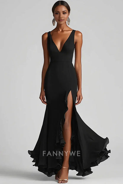 FannyWe Elegant Black Mermaid Chiffon V Neck Long Formal Dress with Slit formal wear dresses