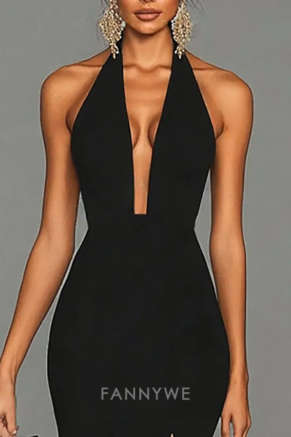 FannyWe Elegant Black Mermaid Halter Neck Long Satin Formal Dress with Slit formal wear dresses