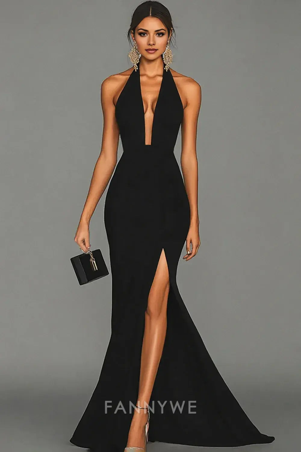 FannyWe Elegant Black Mermaid Halter Neck Long Satin Formal Dress with Slit formal wear dresses