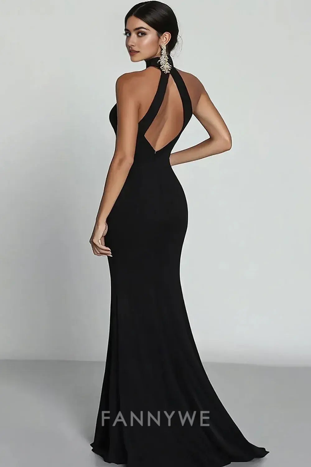 FannyWe Elegant Black Mermaid Halter Neck Satin Long Formal Dress formal wear dresses