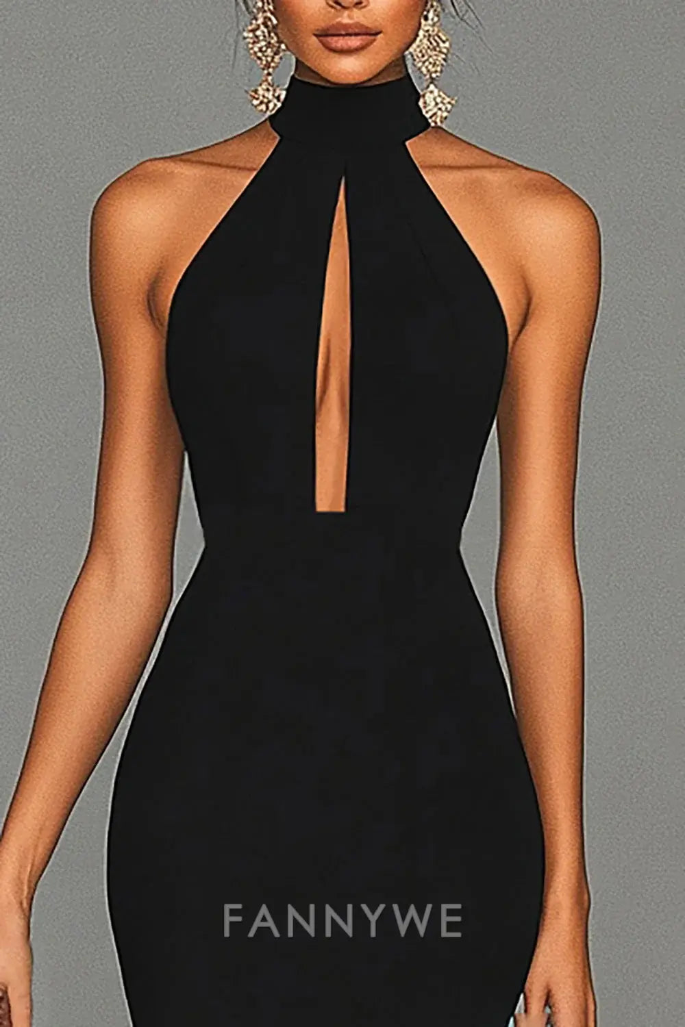 FannyWe Elegant Black Mermaid Halter Neck Satin Long Formal Dress formal wear dresses