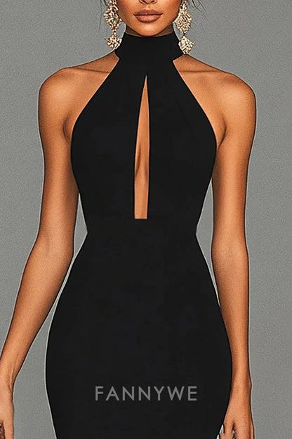 FannyWe Elegant Black Mermaid Halter Neck Satin Long Formal Dress formal wear dresses