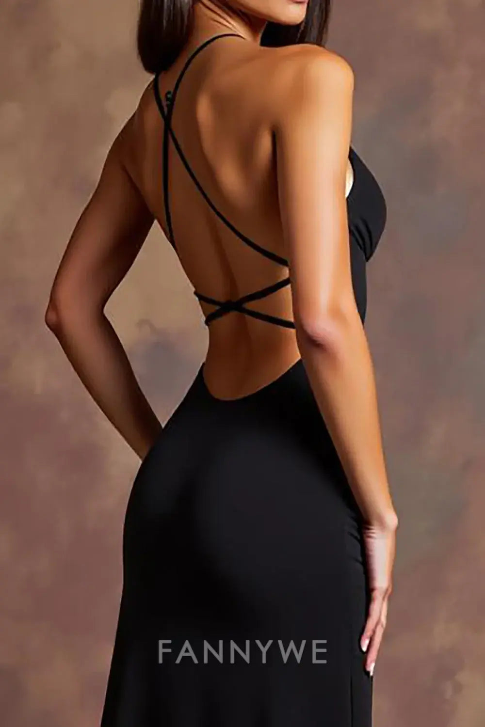 FannyWe Elegant Black Satin Deep V-Neck Long Formal Dress with Slit formal wear dresses