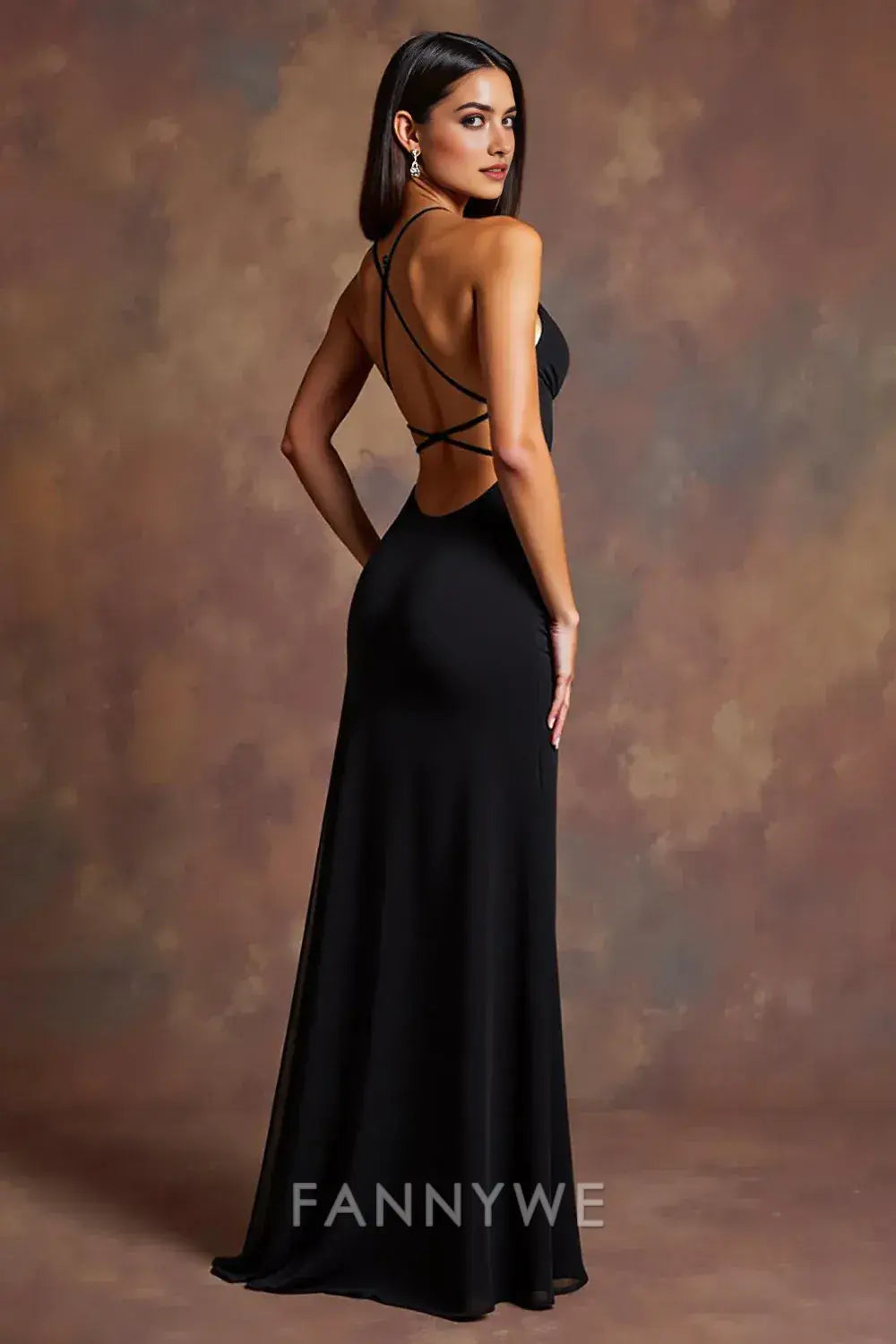 FannyWe Elegant Black Satin Deep V-Neck Long Formal Dress with Slit formal wear dresses