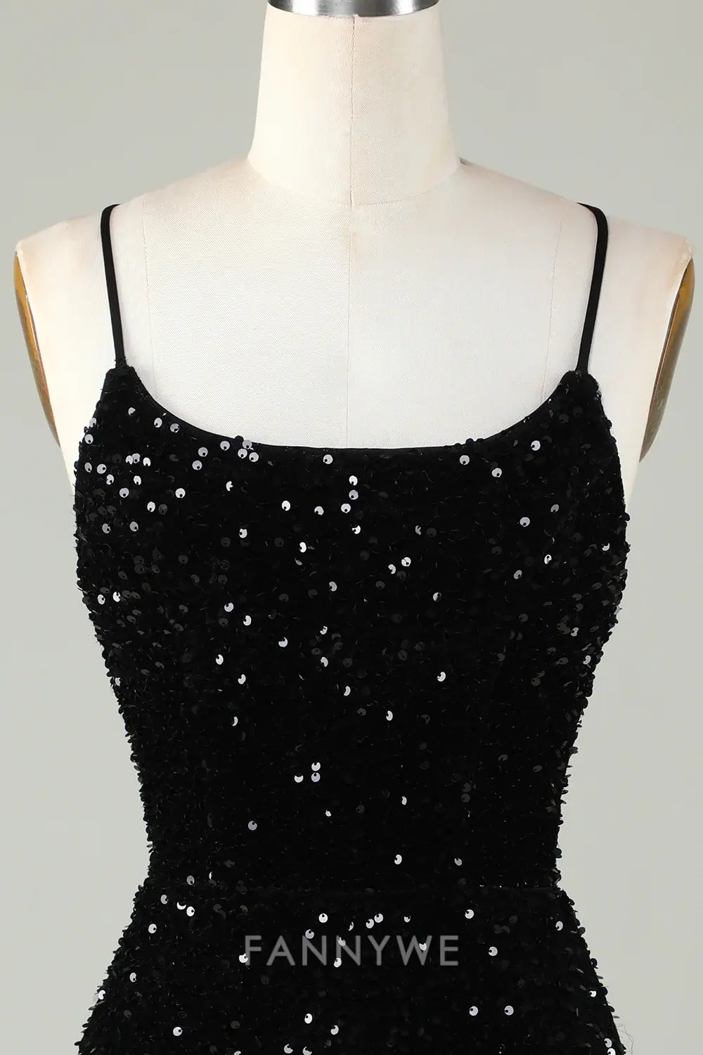FannyWe Elegant Black Spaghetti Straps Sequin Bodycon Homecoming Dress With Criss Cross Back formal wear dresses