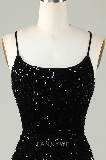 FannyWe Elegant Black Spaghetti Straps Sequin Bodycon Homecoming Dress With Criss Cross Back formal wear dresses