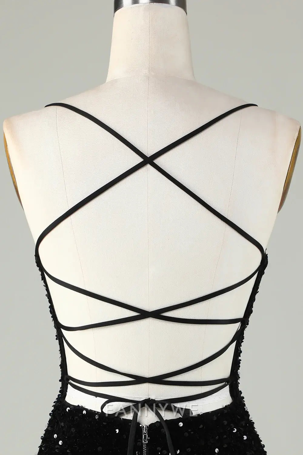 FannyWe Elegant Black Spaghetti Straps Sequin Bodycon Homecoming Dress With Criss Cross Back formal wear dresses